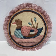 VTG 1970s quilted patchwork Lace duck wall piece set within a wooden embroider picture