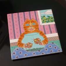Vtg 70's Elvie Zell Signed Enamel Copper Orange Cat w/ Fishbowl Framed Tile Art picture