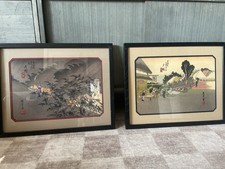Pair of Vintage Framed Japanese Fabric Art Prints - Hiroshige Tōkaidō Series picture