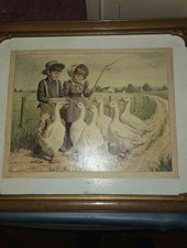 Vtg Arthur Sarnoff Feeding Time Kids & Geese Framed Signed Art Print picture