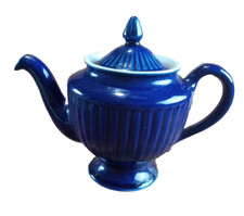 Hall Pottery Colbalt Blue Ribbed Tea Pot Vintage picture