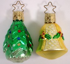2 Vtg Germany Blown Christmas Tree & Yellow Bell w Holly Feather Glass Ornaments picture