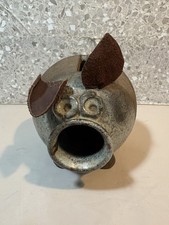 VTG Handcrafted Stoneware Pottery Glazed Piggy Bank With Leather Ears  picture