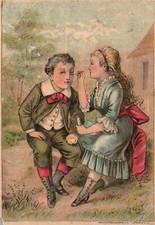 1880s-90s Dr. Issac Thompson's Eye Water Troy Trade Card Girl Cleaning Boys Eye picture