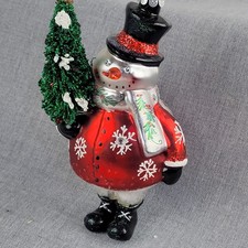 Glass Snowman Christmas Ornament Red Coat Carrying Tree Glitter Snowflake Decor picture