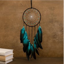 Handmade Boho Blue Dream Catcher - 20 Inch Feather Wall Hanging Decoration picture