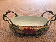 CASTILIAN Antique Porcelain & Brass Footed Centerpiece W/ Handles Hand Painted picture