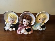 Vintage Norcrest E399 1950s Girls With Bonnet & Books Trio Vases Japan  picture