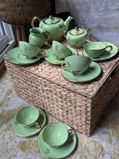 Vintage Jade Green & Gold Porcelain Tea Set - 15 Piece picture