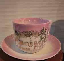 Antique 1910 Leuchtenburg Germany Merry Christmas Pink & Gold tea cup & saucer  picture