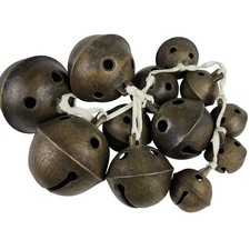 Antique Brass Sleigh Crotal Bells Bronze Engraved Petal Set of 12 Heavy Cast picture