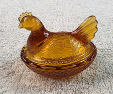 Vtg L.E. Smith *Hen On Nest* Amber Glass 3.5” Covered Dish Salt Cellar Candy picture