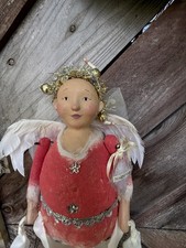 Primitive Folk Art Shelf Sitter Angel Doll JOY LCM For Silvestri Red Dress Angel picture