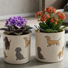 NEW Set of 2 Dachshund Planters Hand Painted Flower Pots LARGE 6.5H & SMALL 5.5H picture