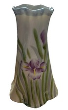 Vintage Handpainted Japan Porcelain Floral 4” Vase Purple Flowers Blue/White Dot picture