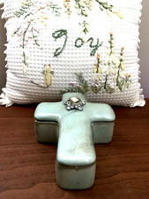 Religious Trinket Box With Cross Light Green with Jewel Accent-New picture