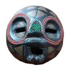 African Ghana Tribal Beaded Art Mask Handcarved Wood w Brass Pieces Wall Art picture