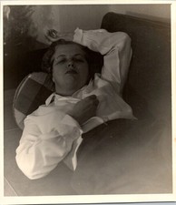 1950s Candid Photograph Woman Relaxing On Floral Print Sofa Mid Century picture