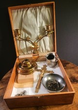 Vintage Catholic Sick Call & Travel Mass Set Alter Cross In Wooden Box picture