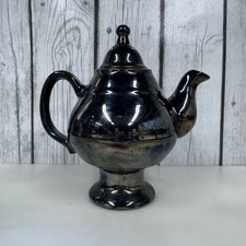 Vintage Pottery Pedestal Teapot Metallic Dark Iridescent Glaze Japan 6” Tall picture