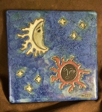MARA Handcrafted Stoneware Pottery signed Celestial Moon/Stars/Sun Trivet 8