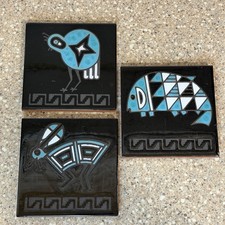 VTG Cleo Teissedre Ceramic Tile Trivet Native American Desert Animals Black X3 picture