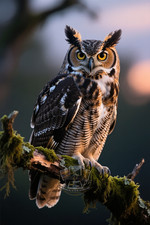 Great Horned Owl Mossy Branch Misty Dusk Wildlife Art 4X6 Art Print picture