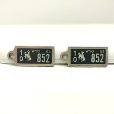 RARE MATCHING PAIR VTG Disabled Veterans Mini License Plate Ring WYOMING 1963 picture