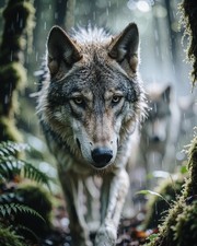 Majestic Wolf Stalking Rainy Mossy Forest Digital Fantasy Art Print picture
