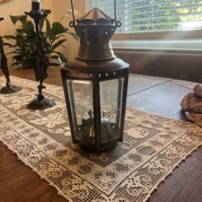 Antique  Brass Hanging  Lantern 6 Panels / Beveled Glass Lovely picture