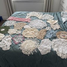 Vtg 33 Lot Hand Crochet + Lace Vinyl Synthetic Doilies Assorted Shapes picture