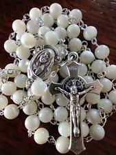 Catholic Genuine Mother of Pearl Rosary Our Lady St Benedict Crucifix MOP picture