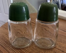 Vintage Federal Housewares Glass S & P Shakers Green Tops Mid Century picture