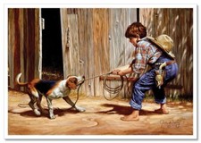 LITTLE BOY & DOG Just A Cowboy Buckaroo KIDS ART Jim Russian NEW Postcard picture