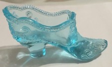 T20227-Vintage Aqua Blue Pressed Glass Shoe Slipper Trinket Dish Scrollwork 4.5” picture