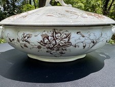 Antique New Wharf Pottery Primrose Brown Transferware Covered Tureen Lid c 1891 picture