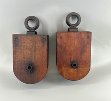 Antique Wooden Barn Pulley Blocks Pair Iron Swivel Eye Hay Farm Farmhouse Decor picture