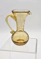 Vintage Amber Blown Glass Crackle Pitcher,Vase Applied Handle Mid Century Modern picture