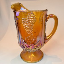 Indiana Glass IRIDESCENT MARIGOLD Harvest Grape CARNIVAL GLASS Footed Pitcher picture