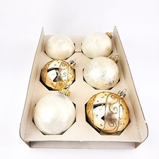 Vintage Christmas Glass Ornaments Balls Gold Glitter and White Lot of 6 picture