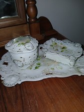 Vintage Dithridge Hand Painted Milk Glass Lions Head Vanuty Tray, Powder Dish... picture