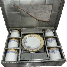 Elegant Floral Cup & Saucer Set White Blue Gold Trim 12Pc Espresso Coffee Cup picture