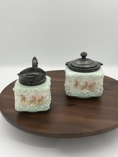 Antique CF Monroe Wave Crest Opalware Sugar Container & Creamer Floral Pattern picture
