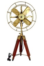 Vintage Electric Pedestal Floor Fan Antique Style With Wooden Tripod Stand picture