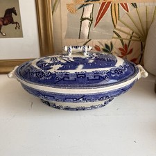 Antique Old Hall Earthenware blue Willow pattern lidded tureen serving dish picture