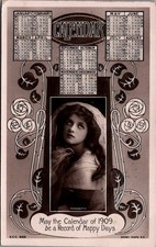 1909 Calendar Postcard Victorian Woman Portrait Rotary Photo E C 1908 Postmark picture