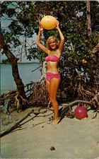 Bathing Beauty Woman In Bikini Play Ball With ME Risque UNP Chrome Postcard XM13 picture