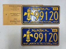 PAIR 1966 1967  Alaska TOTEM POLE  License Plate Tag MINT IN WRAPPER picture