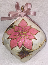Capiz Shell Poinsettia Cloisonné Style Diamond Shaped Christmas Ornament Pink picture