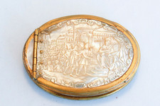 Rare 18th C Mother of Pearl Carved Snuff Box French King on Throne w Scepter  picture